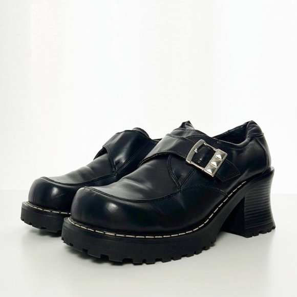 lei Shoes - RARE L.E.I. Genuine Vintage 90s Black Chunky Platform Buckle Block Heels